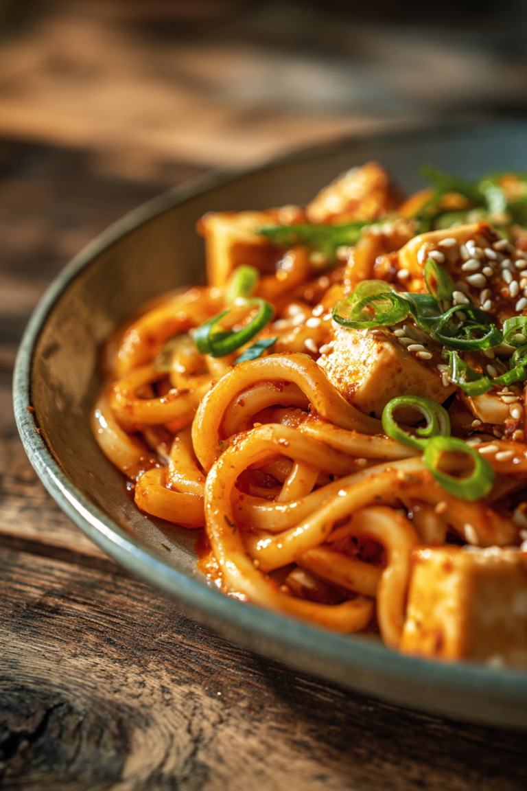 Close-up photo of creamy gochujang udon noodles with soft tofu cubes, sliced green onions, and sesame seeds in a shallow bowl on a rustic wooden surface