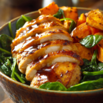 Close-up of a rustic bowl featuring pan-seared and oven-roasted sliced chicken breast glazed with maple Dijon sauce, soft roasted sweet potatoes, and fresh wilted baby spinach on a wooden surface with warm natural lighting