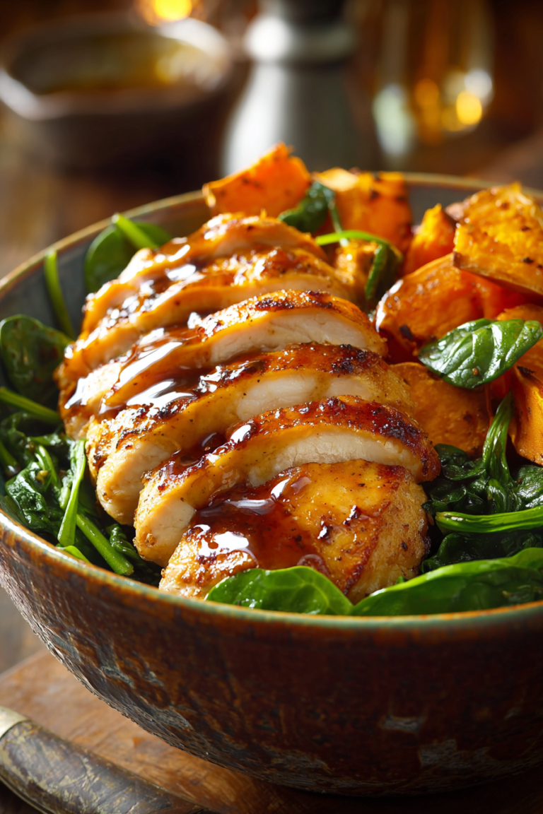 Close-up of a rustic bowl featuring pan-seared and oven-roasted sliced chicken breast glazed with maple Dijon sauce, soft roasted sweet potatoes, and fresh wilted baby spinach on a wooden surface with warm natural lighting