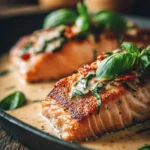 Close-up of crispy pan-seared salmon fillet centered on a plate with creamy sun-dried tomato sauce spooned over and around, garnished with bright green fresh basil leaves on a rustic wooden surface