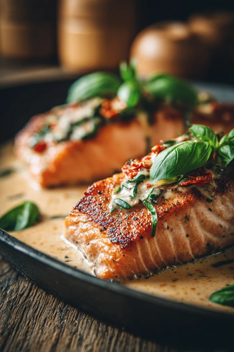 Close-up of crispy pan-seared salmon fillet centered on a plate with creamy sun-dried tomato sauce spooned over and around, garnished with bright green fresh basil leaves on a rustic wooden surface