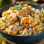 Bowl of Mexican street corn kernels mixed with grilled shrimp, creamy sauce, cotija cheese, and chopped cilantro, served with lime wedges on a rustic wooden surface.