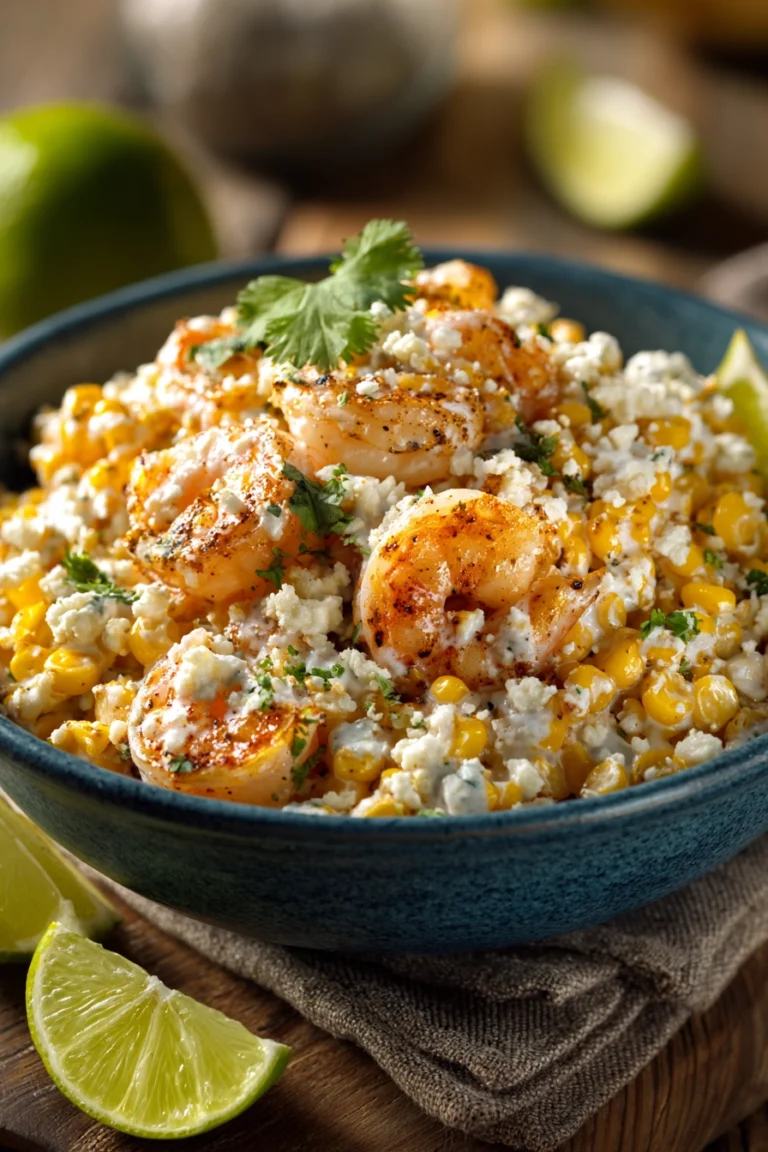 Bowl of Mexican street corn kernels mixed with grilled shrimp, creamy sauce, cotija cheese, and chopped cilantro, served with lime wedges on a rustic wooden surface.