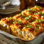 Close-up of Million Dollar Chicken Casserole in a rectangular dish, showing creamy cheesy interior and golden brown cracker topping with green chilies and onions on rustic wooden surface