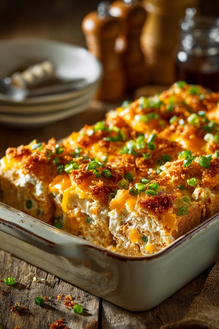 Close-up of Million Dollar Chicken Casserole in a rectangular dish, showing creamy cheesy interior and golden brown cracker topping with green chilies and onions on rustic wooden surface