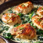 Close-up of golden brown seared chicken breasts in creamy garlic parmesan sauce garnished with bright green spinach leaves on a rustic wooden surface