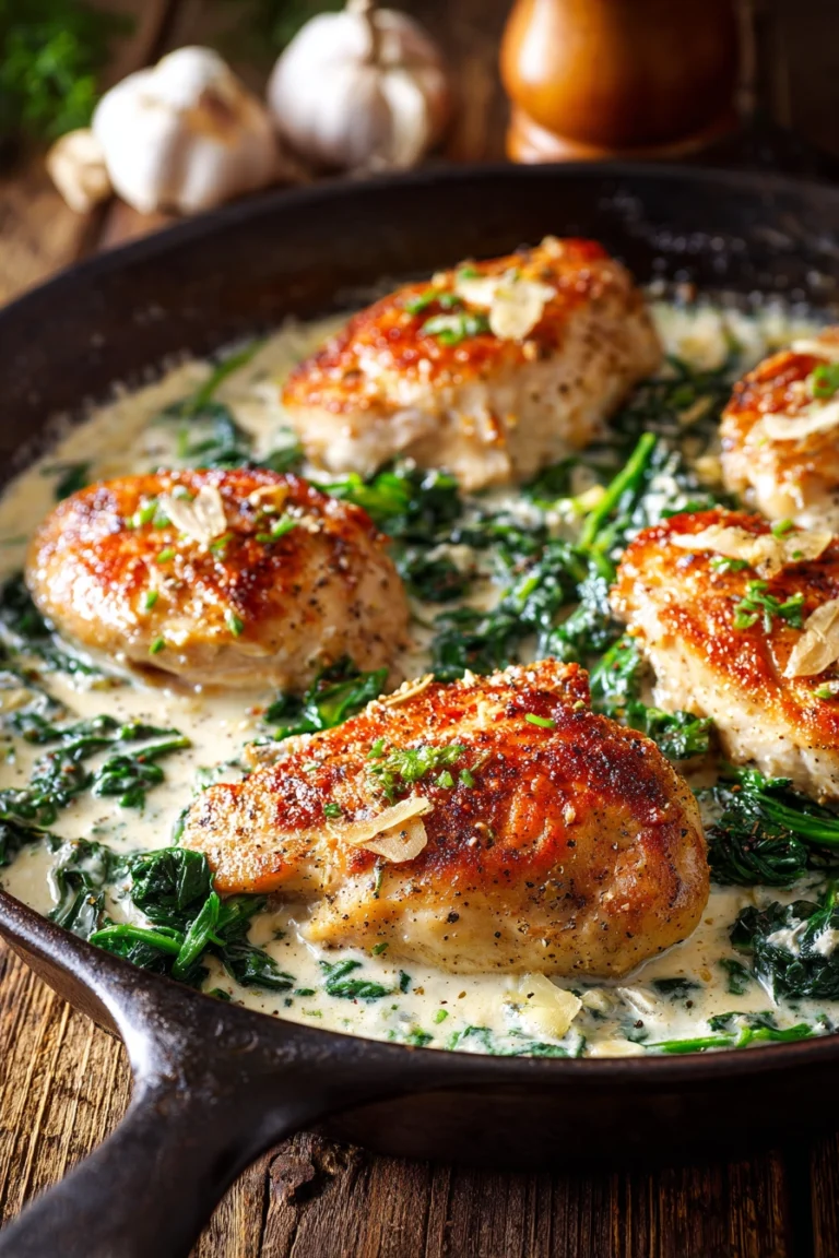 Close-up of golden brown seared chicken breasts in creamy garlic parmesan sauce garnished with bright green spinach leaves on a rustic wooden surface