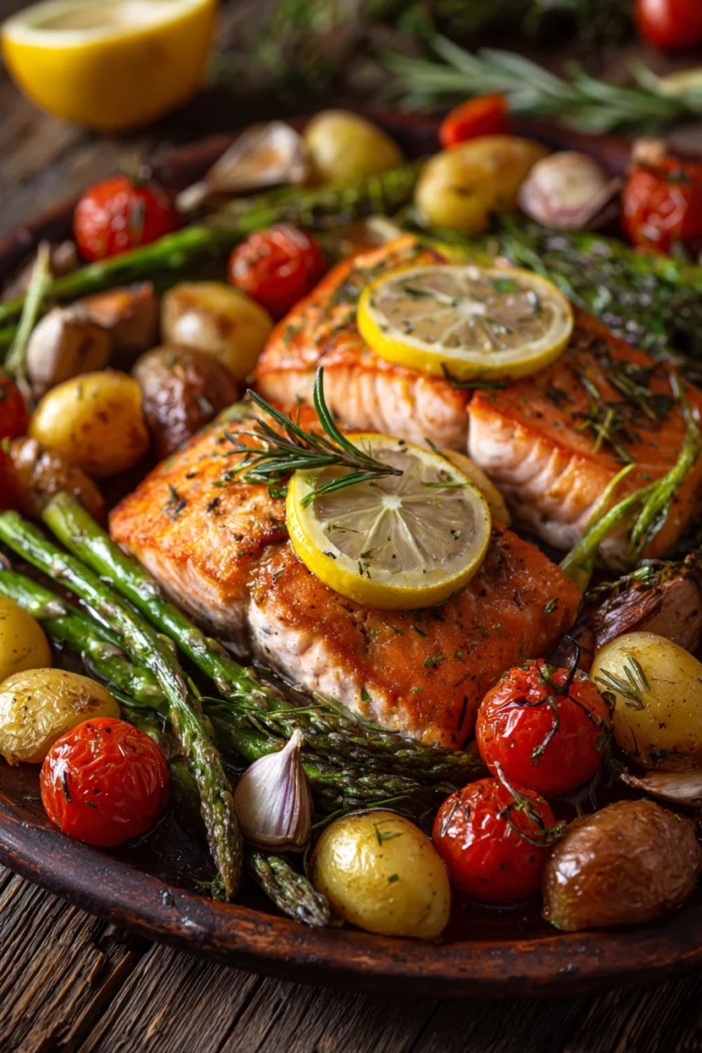 Close-up of one-pan lemon herb baked salmon fillets with roasted baby potatoes, asparagus spears, cherry tomatoes, garnished with lemon slices and fresh rosemary and thyme on a rustic plate under warm natural light