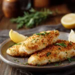 Plate of golden Parmesan-crusted white fish fillets with crispy coated crust on a rustic wooden table, warm natural light