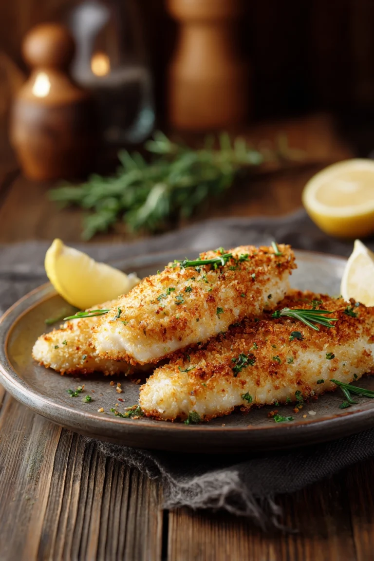 Plate of golden Parmesan-crusted white fish fillets with crispy coated crust on a rustic wooden table, warm natural light