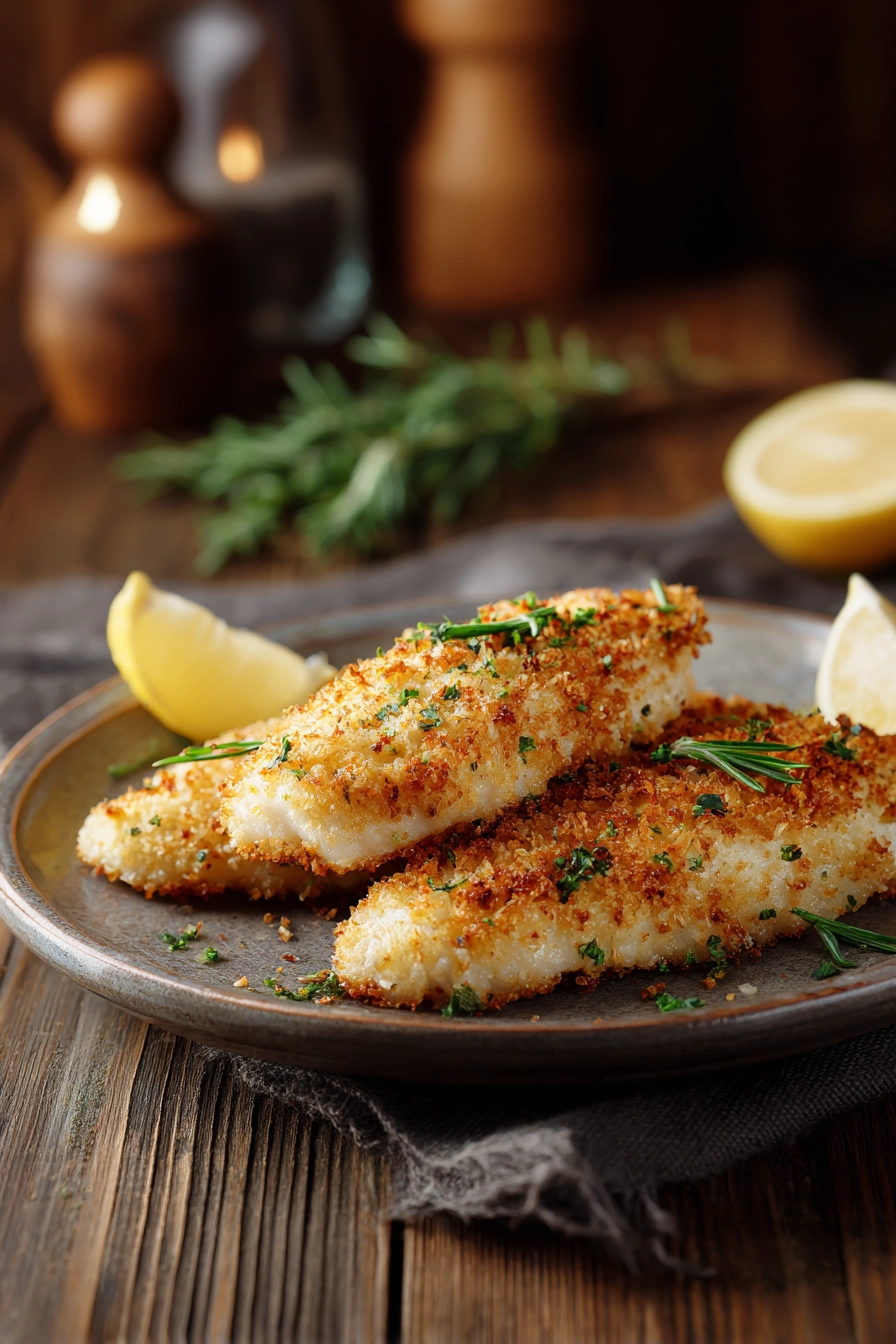 Plate of golden Parmesan-crusted white fish fillets with crispy coated crust on a rustic wooden table, warm natural light