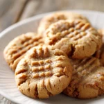 Close-up of soft and chewy peanut butter cookies with slightly crisp edges arranged in a circular pattern on a plain white ceramic plate with a rustic wooden background
