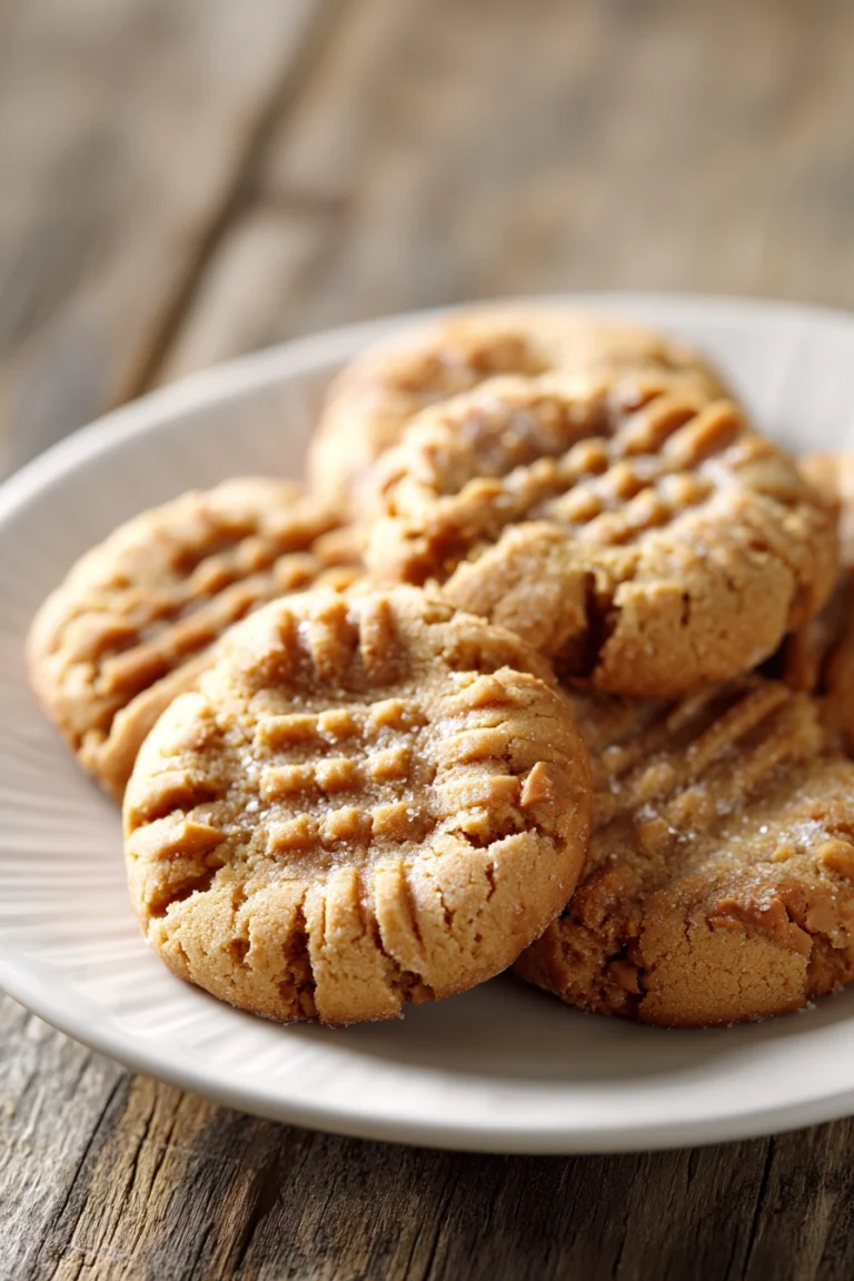 Close-up of soft and chewy peanut butter cookies with slightly crisp edges arranged in a circular pattern on a plain white ceramic plate with a rustic wooden background