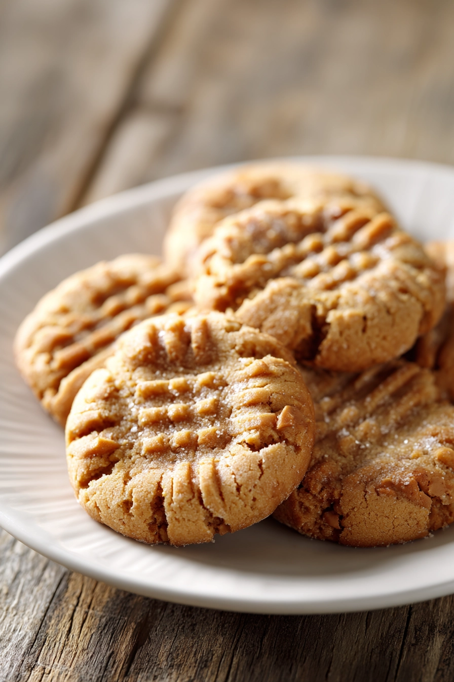 Close-up of soft and chewy peanut butter cookies with slightly crisp edges arranged in a circular pattern on a plain white ceramic plate with a rustic wooden background