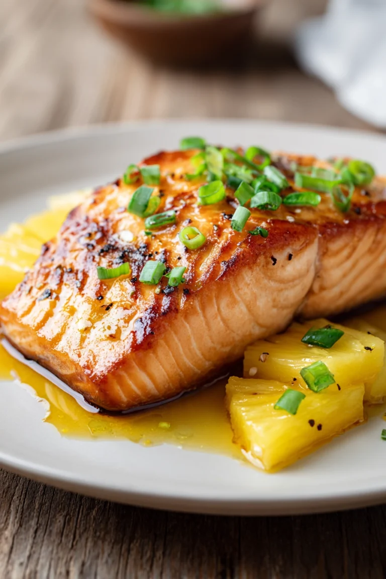 Pan-seared and oven-baked salmon fillet with a crispy golden brown exterior, brushed with bright yellow pineapple glaze, garnished with thin pineapple wedges and chopped green onions on a white plate.