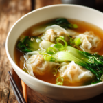 Close-up of potsticker soup with translucent dumplings, vibrant green baby bok choy, sliced green onions, and light amber soy ginger broth served in a deep white bowl on a rustic wooden surface