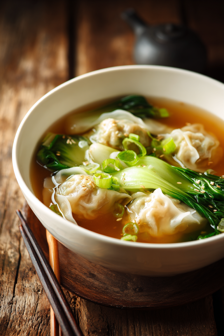Close-up of potsticker soup with translucent dumplings, vibrant green baby bok choy, sliced green onions, and light amber soy ginger broth served in a deep white bowl on a rustic wooden surface