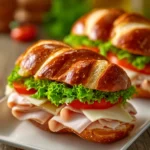 Two pretzel sandwiches cut diagonally on a white rectangular plate with soft pretzel buns, sliced turkey breast, Swiss cheese, lettuce, tomato, and honey mustard sauce in warm natural light