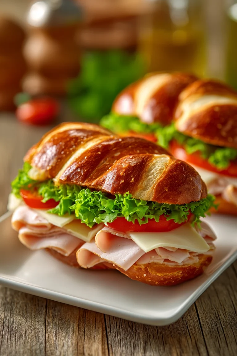 Two pretzel sandwiches cut diagonally on a white rectangular plate with soft pretzel buns, sliced turkey breast, Swiss cheese, lettuce, tomato, and honey mustard sauce in warm natural light