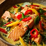 Close-up of salmon fillets simmered in creamy Thai coconut curry sauce with red chili slices, Thai basil, and colorful bell peppers in a shallow bowl