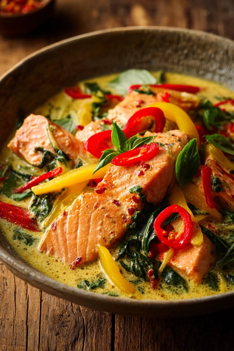 Close-up of salmon fillets simmered in creamy Thai coconut curry sauce with red chili slices, Thai basil, and colorful bell peppers in a shallow bowl