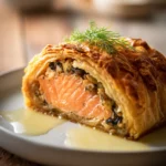 Close-up of a thick slice of Salmon Wellington showing golden puff pastry, pink salmon, earthy mushroom filling, garnished with fresh dill on a white plate with lemon butter sauce drizzle