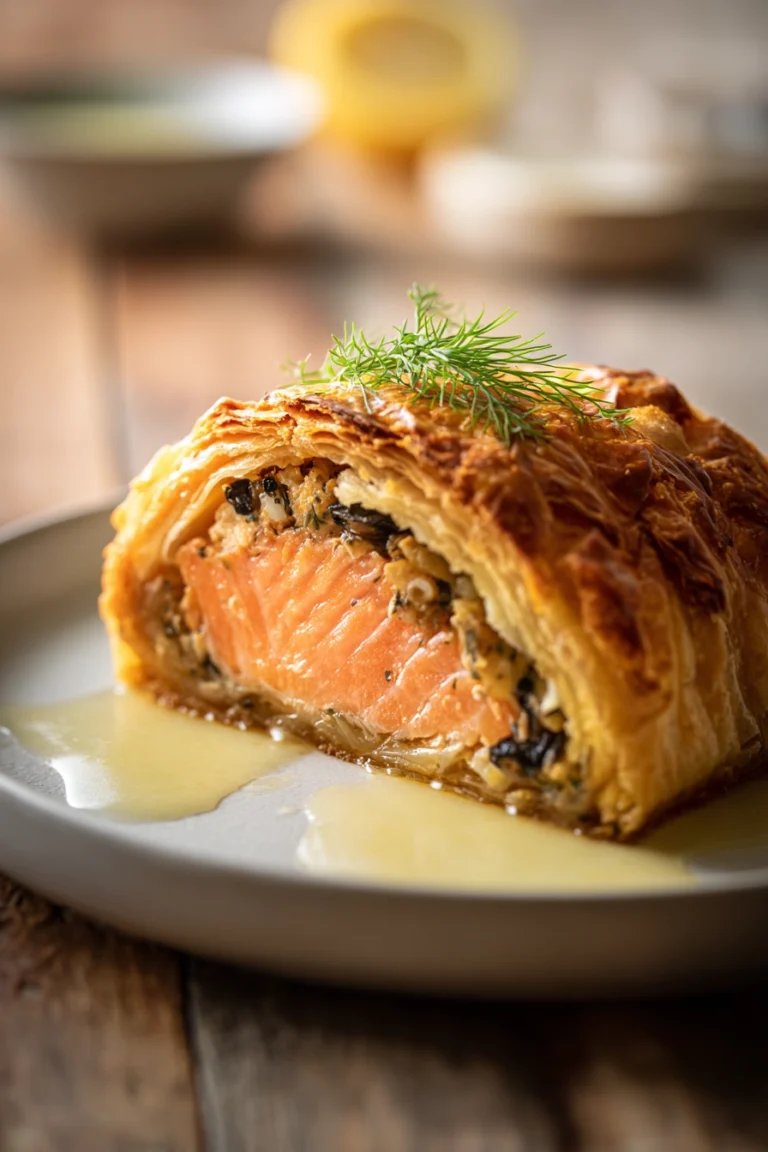 Close-up of a thick slice of Salmon Wellington showing golden puff pastry, pink salmon, earthy mushroom filling, garnished with fresh dill on a white plate with lemon butter sauce drizzle