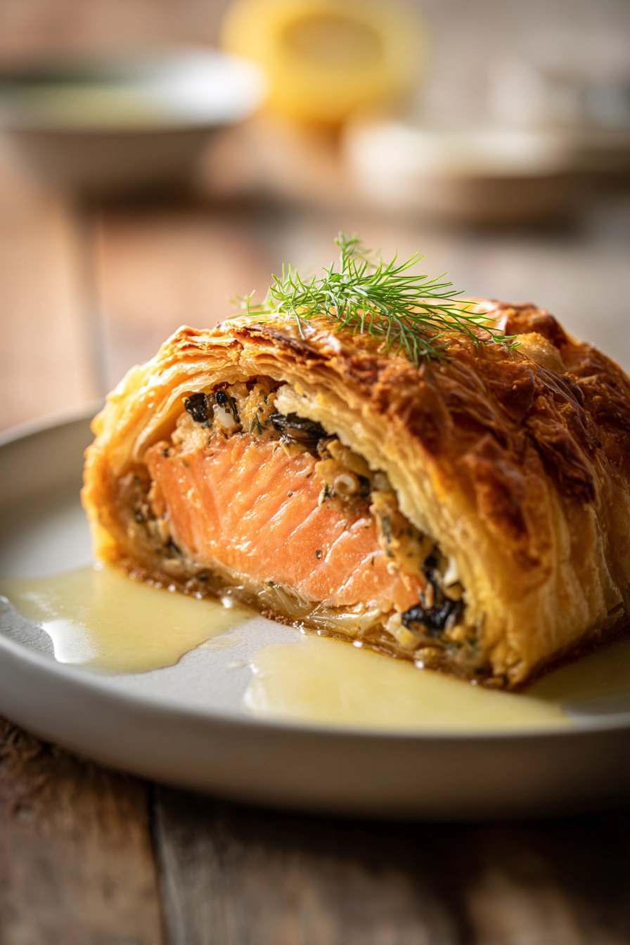 Close-up of a thick slice of Salmon Wellington showing golden puff pastry, pink salmon, earthy mushroom filling, garnished with fresh dill on a white plate with lemon butter sauce drizzle