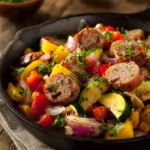 Rustic skillet filled with browned Italian sausage slices, diced red and yellow bell peppers, zucchini, yellow squash, red onion, and fresh parsley on a wooden surface with warm natural light