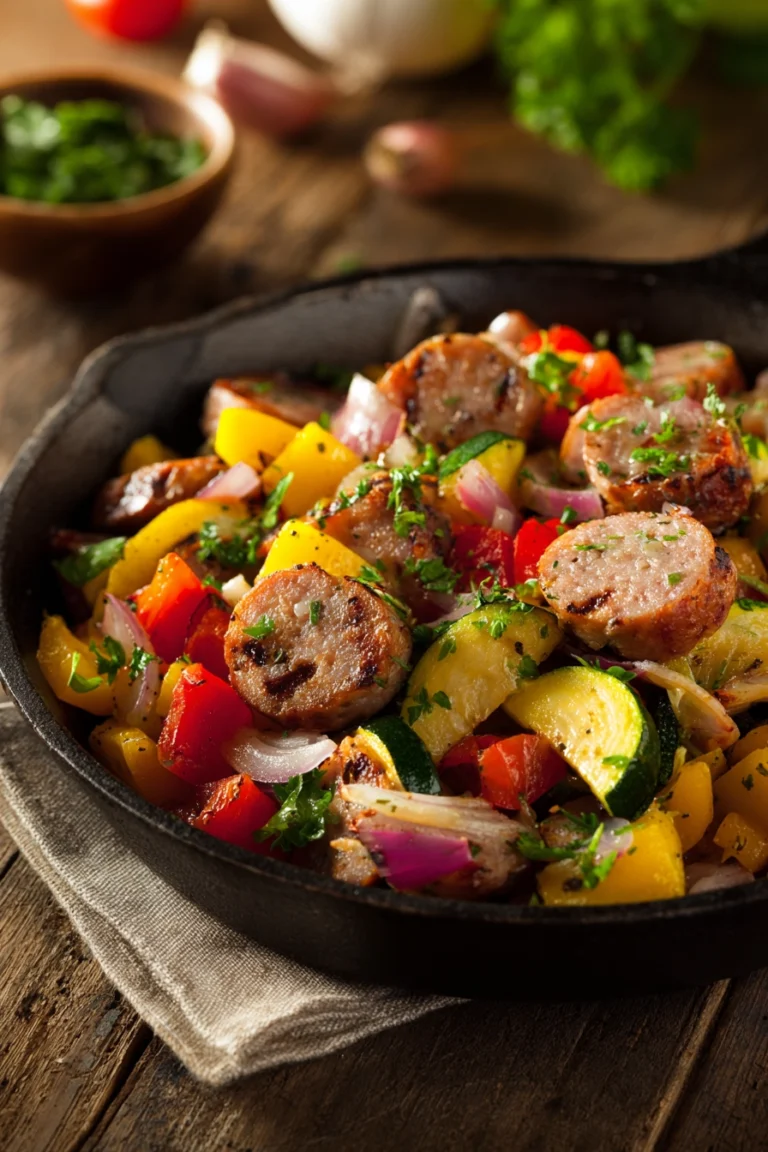 Rustic skillet filled with browned Italian sausage slices, diced red and yellow bell peppers, zucchini, yellow squash, red onion, and fresh parsley on a wooden surface with warm natural light