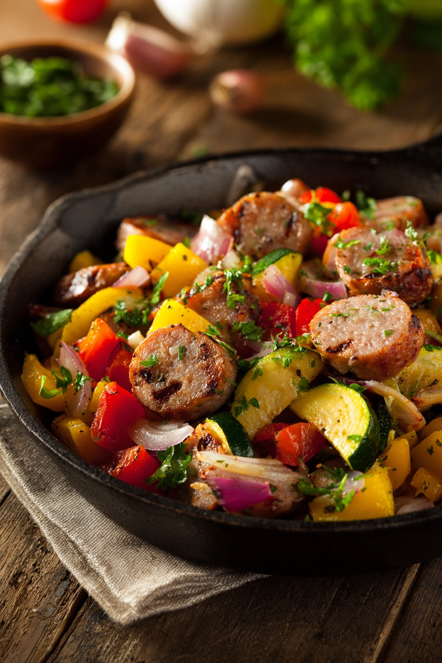 Rustic skillet filled with browned Italian sausage slices, diced red and yellow bell peppers, zucchini, yellow squash, red onion, and fresh parsley on a wooden surface with warm natural light