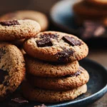 Close-up of stacked soft and chewy Shadow Milk Cookies with dark chocolate chunks on a matte black ceramic plate, moody lighting highlights the texture and rich brown colors