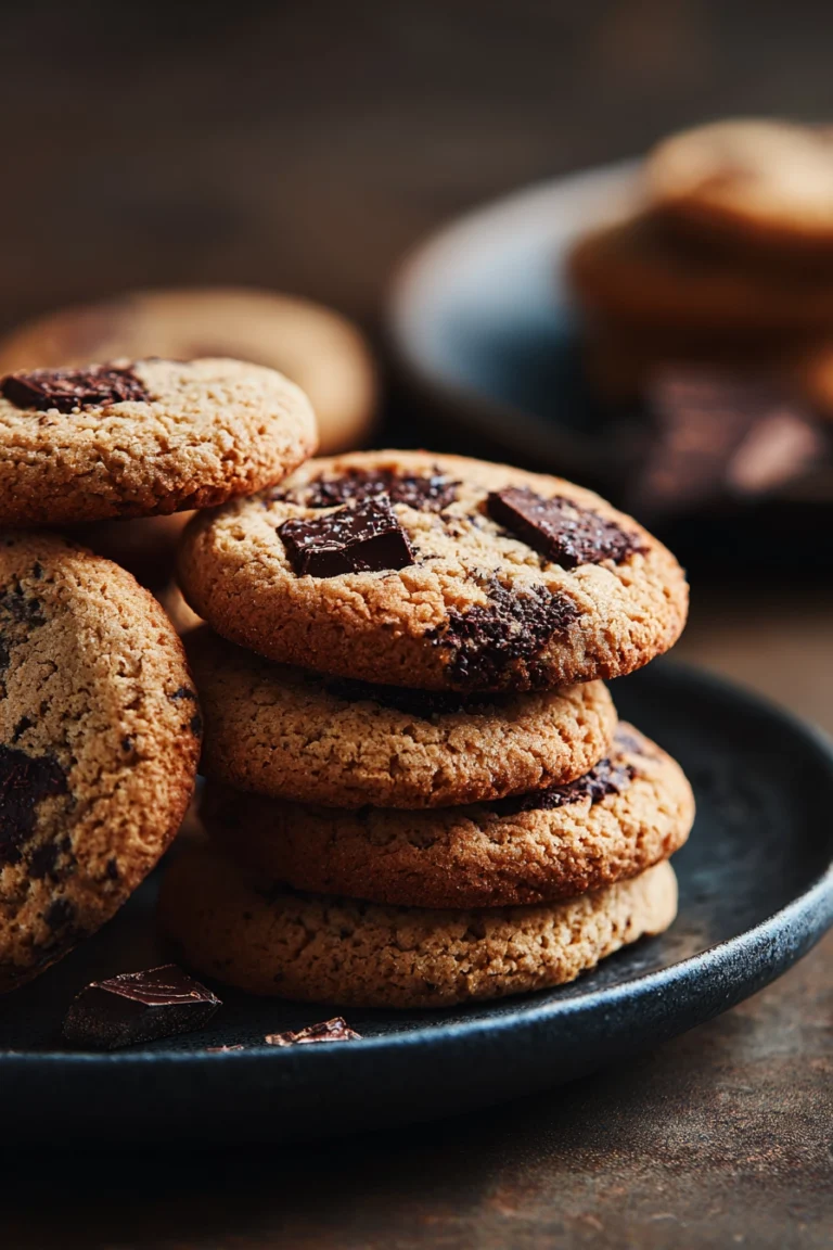 Close-up of stacked soft and chewy Shadow Milk Cookies with dark chocolate chunks on a matte black ceramic plate, moody lighting highlights the texture and rich brown colors