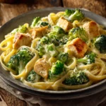 Plate of Skinny Chicken Broccoli Alfredo featuring fettuccine pasta coated in creamy Alfredo sauce, tender chicken pieces, and bright green broccoli florets on a rustic wooden surface with warm natural lighting