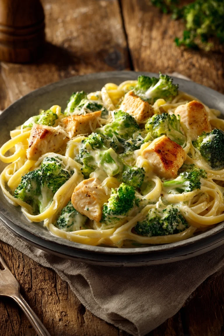 Plate of Skinny Chicken Broccoli Alfredo featuring fettuccine pasta coated in creamy Alfredo sauce, tender chicken pieces, and bright green broccoli florets on a rustic wooden surface with warm natural lighting