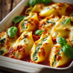 Close-up of baked stuffed jumbo pasta shells filled with ricotta cheese and spinach, topped with melted mozzarella and marinara sauce, garnished with fresh basil in a white rectangular baking dish on a rustic surface.
