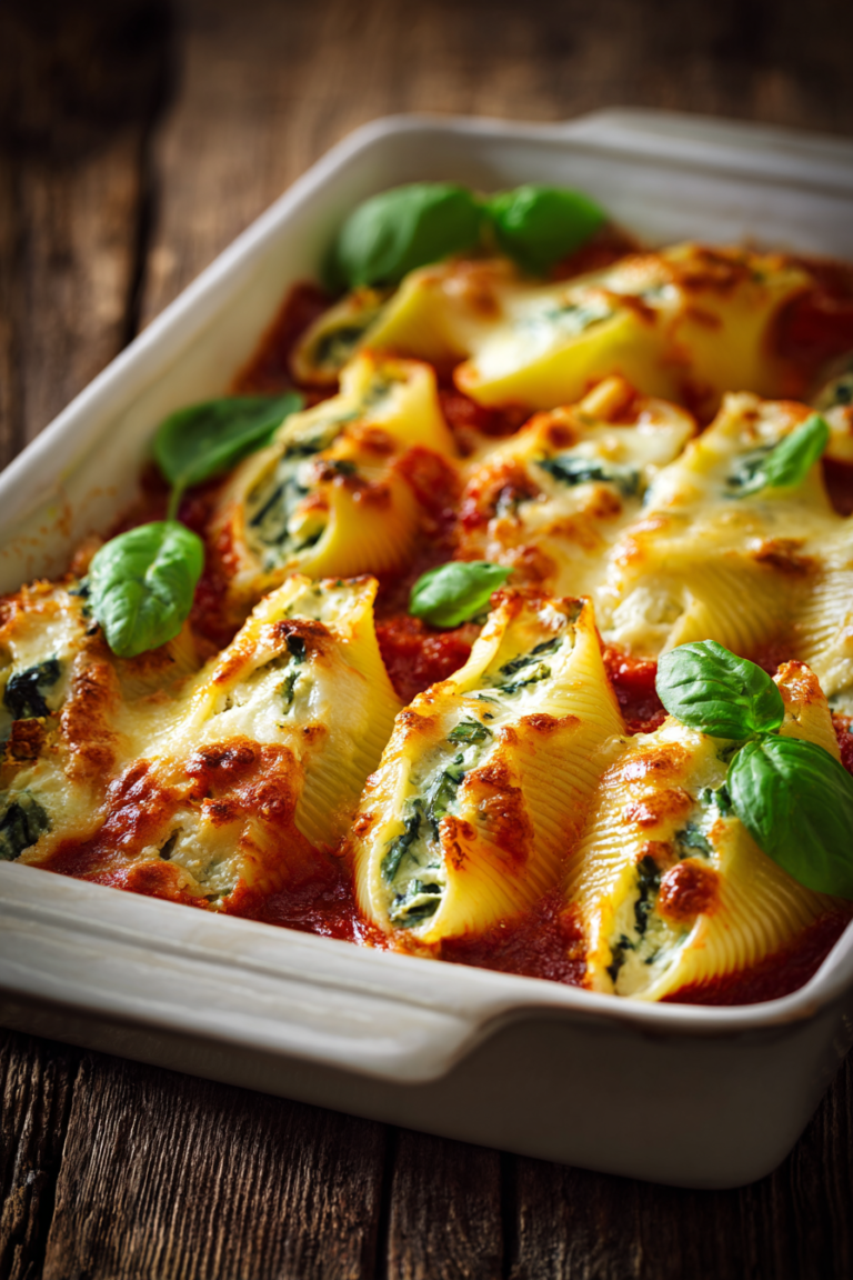 Close-up of baked stuffed jumbo pasta shells filled with ricotta cheese and spinach, topped with melted mozzarella and marinara sauce, garnished with fresh basil in a white rectangular baking dish on a rustic surface.