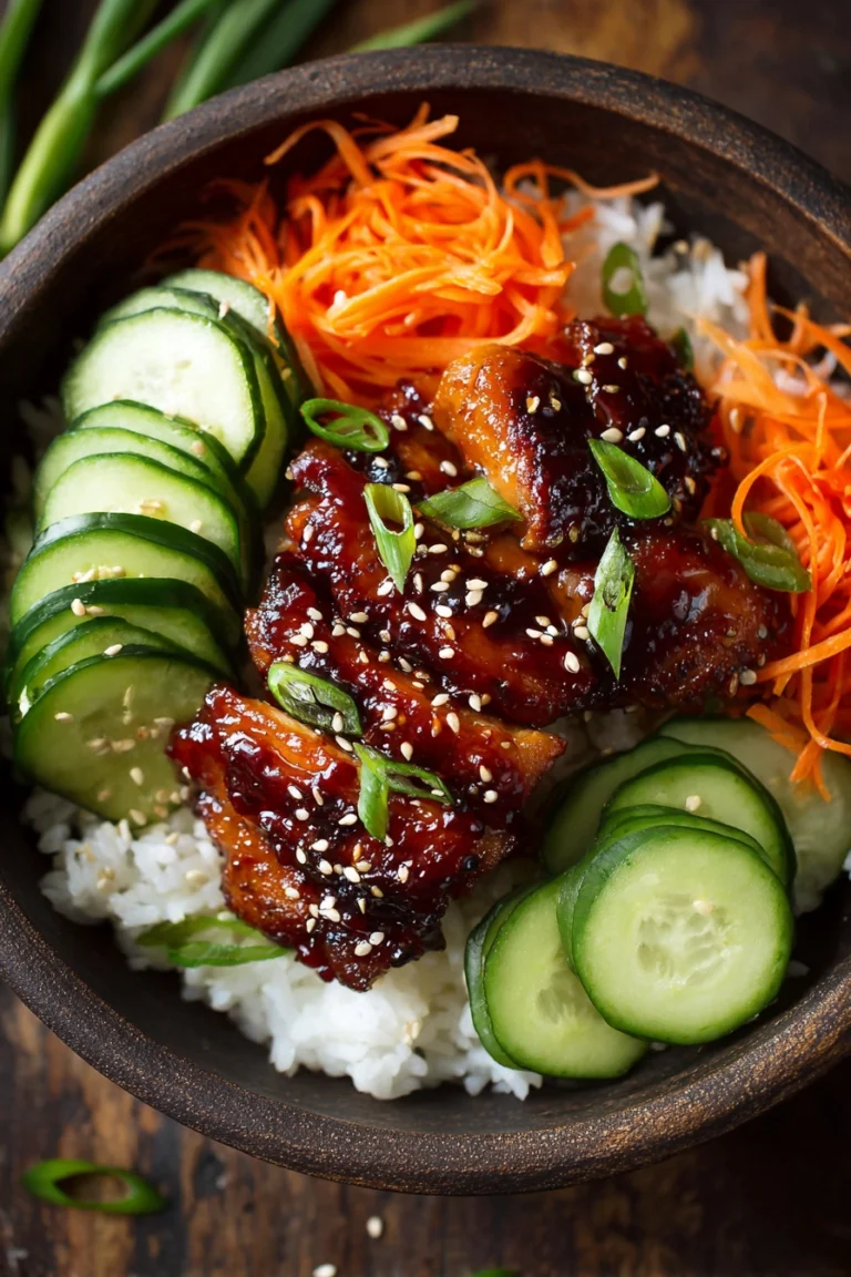 Close-up of a vibrant gochujang chicken bowl with tender chicken thighs glazed in a sticky red sauce, white rice, julienned carrots, sliced cucumbers, chopped scallions, and toasted sesame seeds on a rustic surface with warm lighting