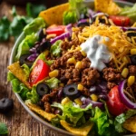 Close-up of a vibrant taco salad lunch with pan-fried ground beef, romaine lettuce, cherry tomatoes, black beans, corn, cheddar cheese, sour cream, black olives, red onion, and tortilla chips in a shallow bowl on a rustic wooden surface