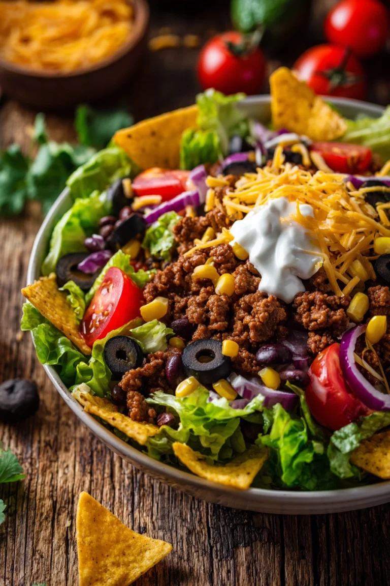 Close-up of a vibrant taco salad lunch with pan-fried ground beef, romaine lettuce, cherry tomatoes, black beans, corn, cheddar cheese, sour cream, black olives, red onion, and tortilla chips in a shallow bowl on a rustic wooden surface