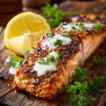 Close-up of grilled Texas Roadhouse salmon fillet with crispy golden crust, garlic butter sauce, lemon wedge, and parsley on rustic plate