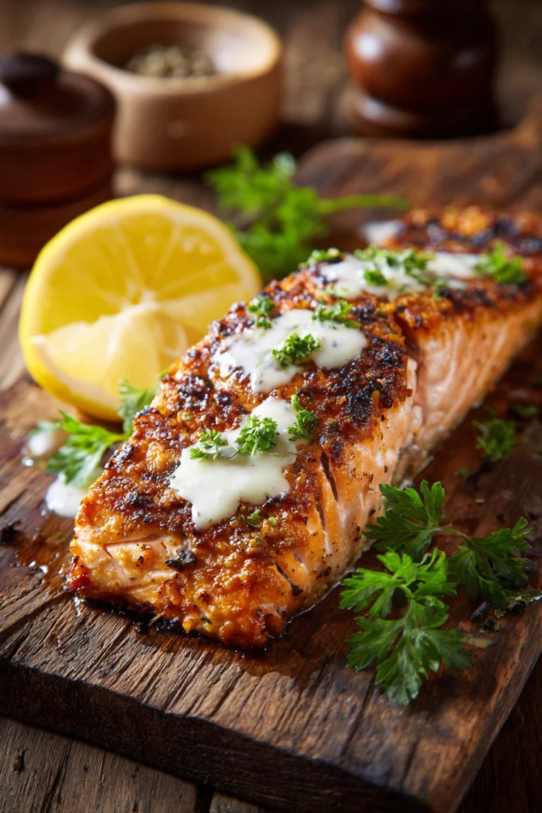 Close-up of grilled Texas Roadhouse salmon fillet with crispy golden crust, garlic butter sauce, lemon wedge, and parsley on rustic plate
