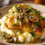 Close-up of rustic Texas Roadhouse smothered chicken breast topped with glossy brown mushroom and onion gravy and chopped parsley on a plate