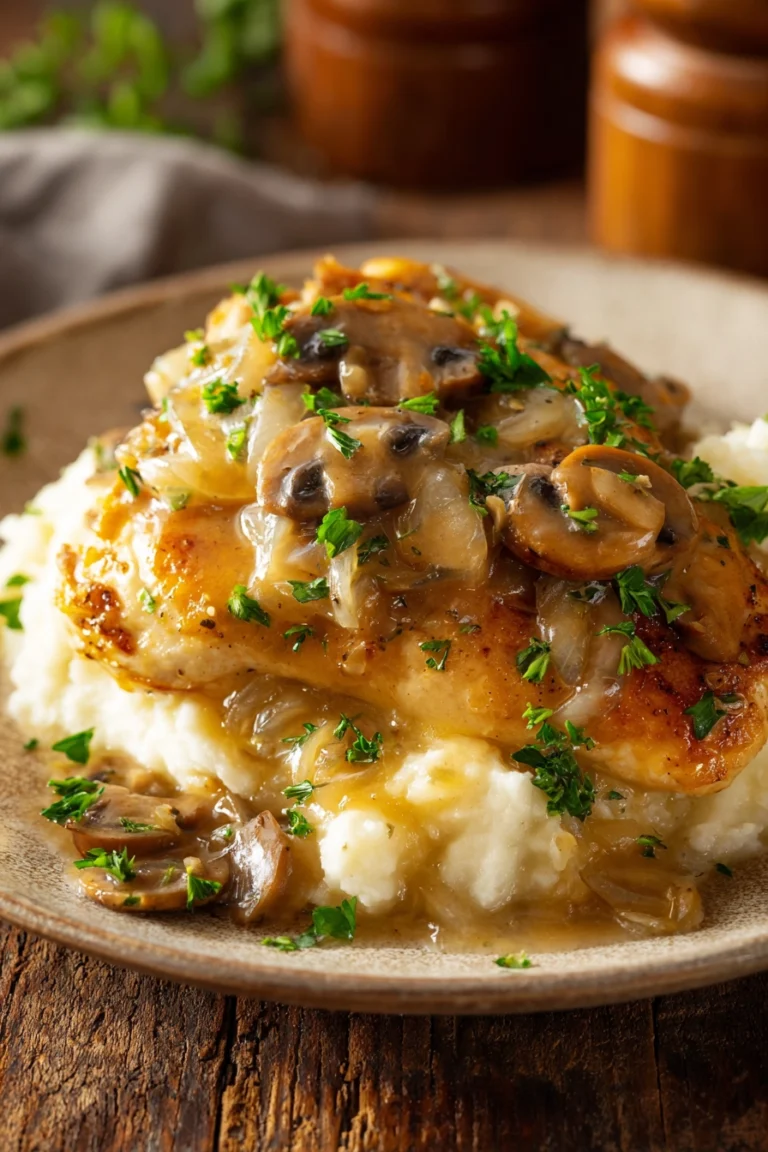 Close-up of rustic Texas Roadhouse smothered chicken breast topped with glossy brown mushroom and onion gravy and chopped parsley on a plate