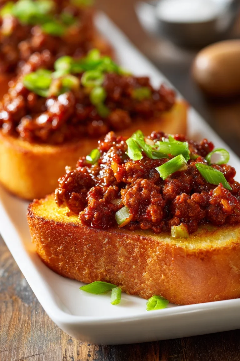 Close-up of open-faced Texas Toast Sloppy Joes with ground beef, green bell pepper, onions, and glossy rich red tomato sauce on golden toasted bread, served on a white rectangular plate.