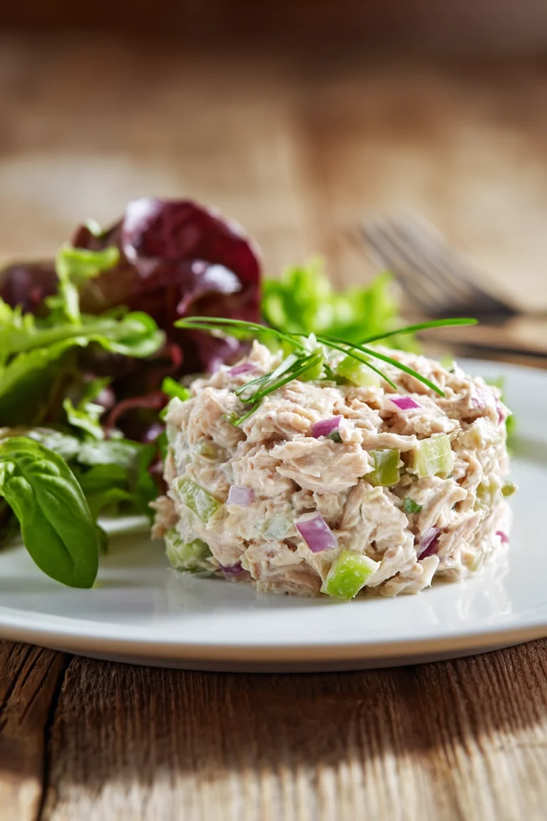 Close-up of creamy classic tuna salad with chunks of tuna, finely chopped celery and red onion, served on a white round plate with bright green mixed greens on rustic wooden surface