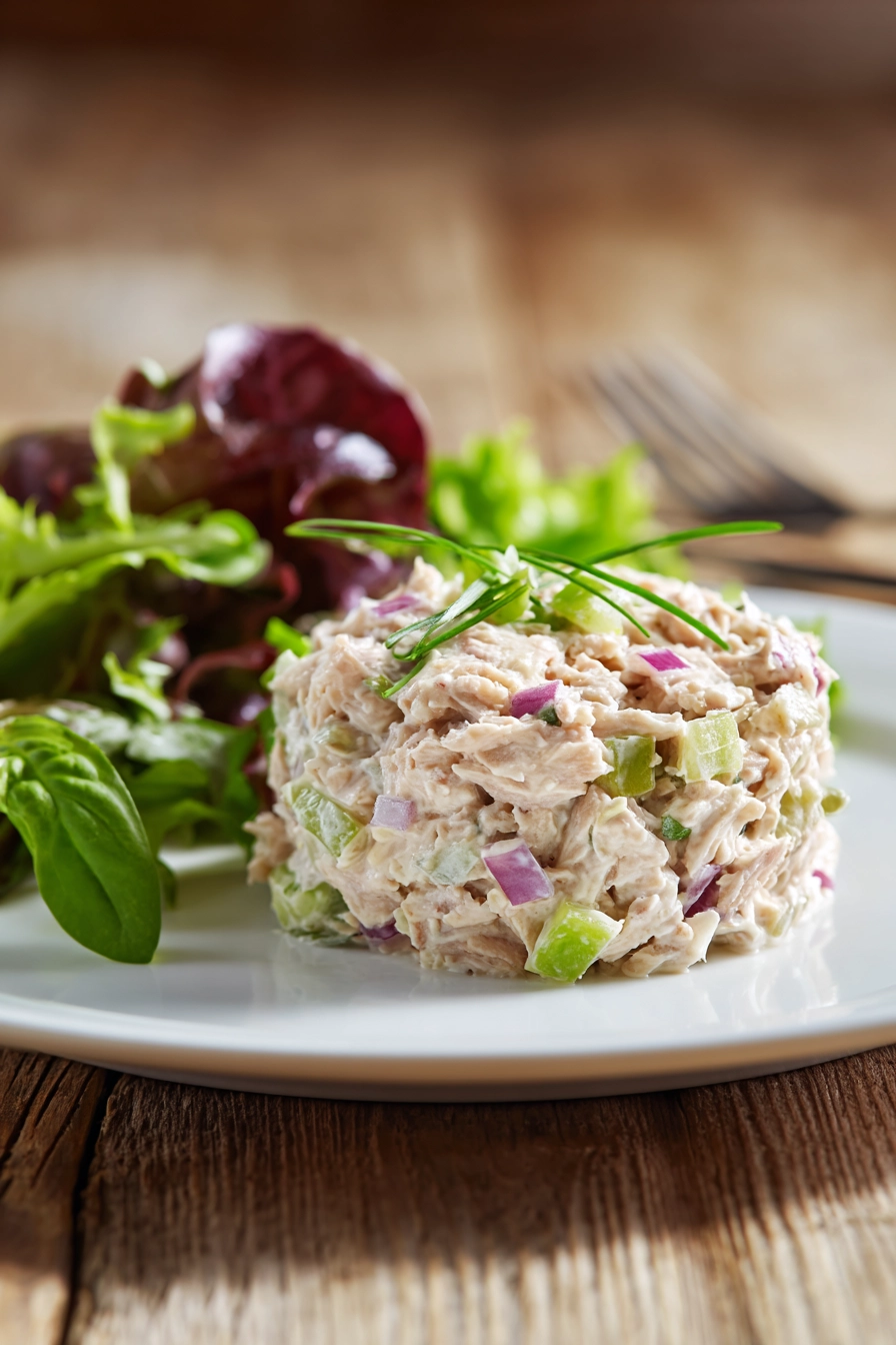 Close-up of creamy classic tuna salad with chunks of tuna, finely chopped celery and red onion, served on a white round plate with bright green mixed greens on rustic wooden surface