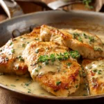 Plate of golden turkey cutlets covered in creamy white wine sauce and garnished with chopped parsley and thyme on rustic wooden surface