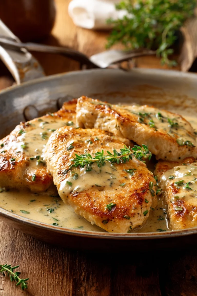 Plate of golden turkey cutlets covered in creamy white wine sauce and garnished with chopped parsley and thyme on rustic wooden surface