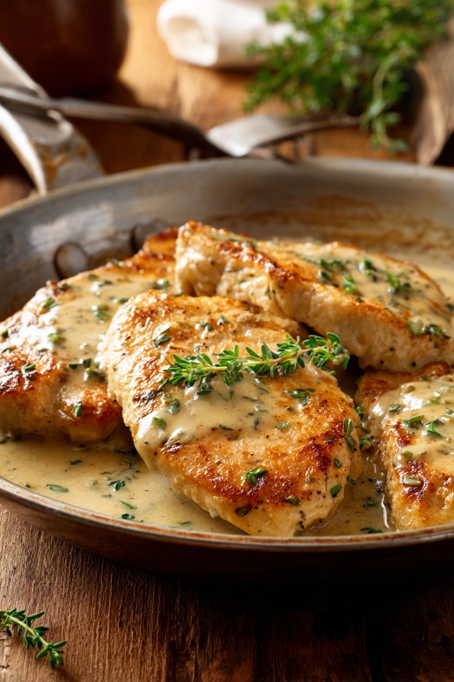 Plate of golden turkey cutlets covered in creamy white wine sauce and garnished with chopped parsley and thyme on rustic wooden surface